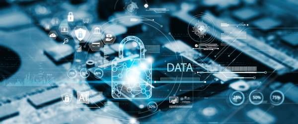 Abstract view of the inner workings of a computer with security icons.